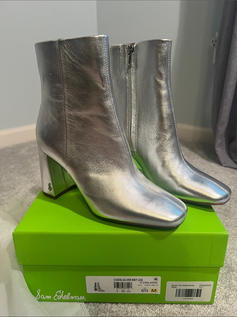 Sam Edelman Silver Metallic Square Toe Ankle Boots